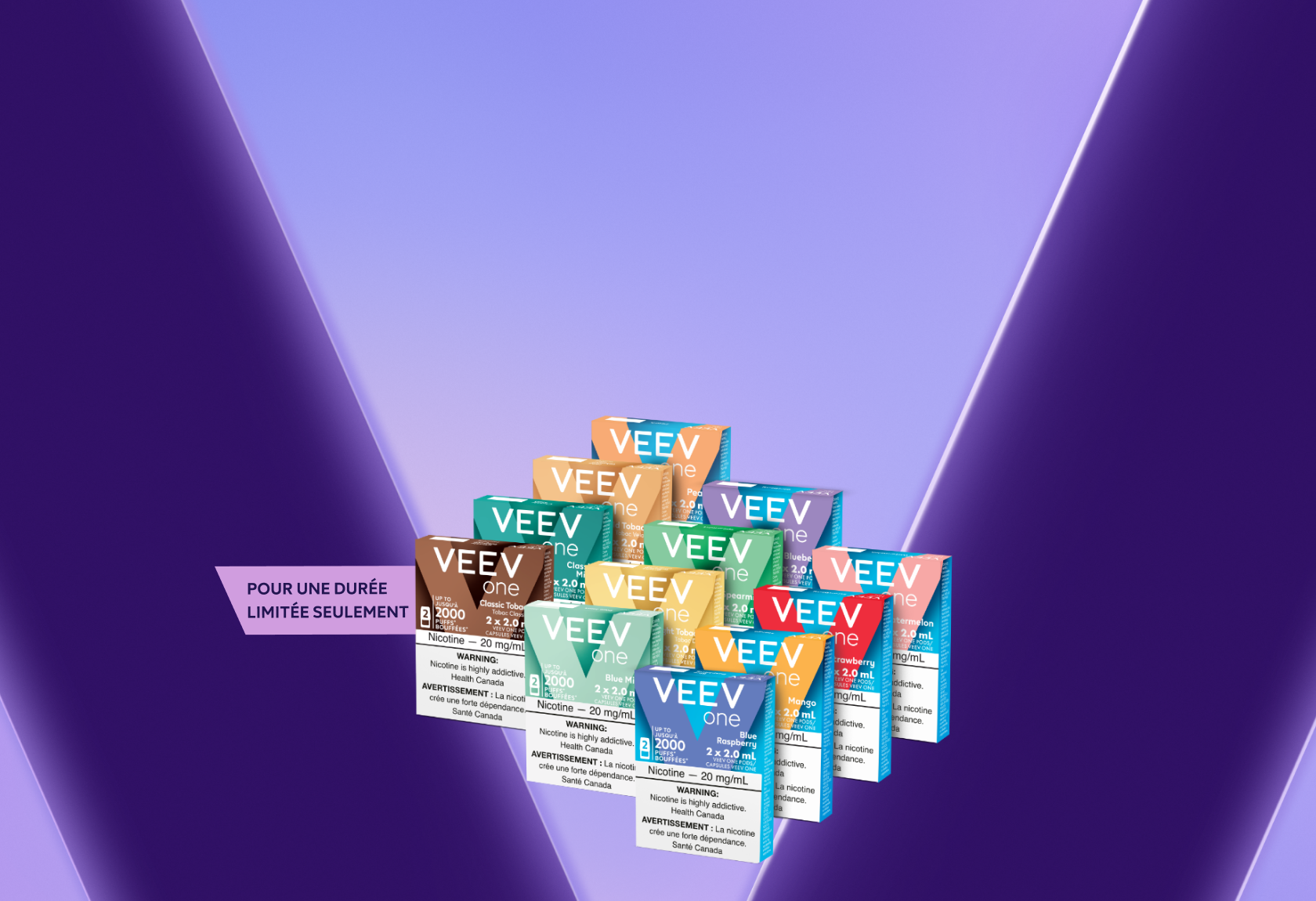 12 paquets de capsules VEEV ONE sur fond en V violet